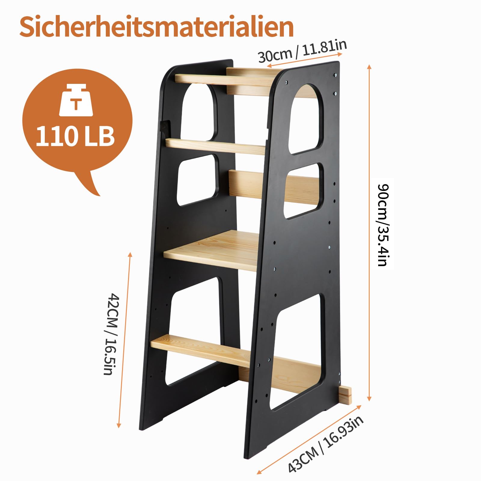 Youyijia Lernturm Ab 1 Jahr Learning Tower In DREI Gängen Verstellbar Hölzerner Lernturm Kinder Für Die Küchentheke Umkippschutz Schwarz