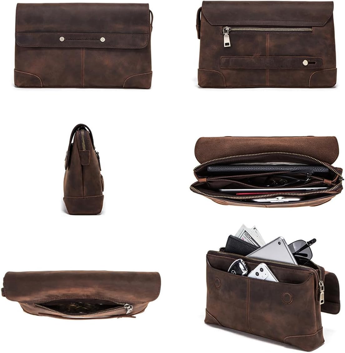 Men's Genuine Leather Phone Clutch Bag for 7.9" iPad, Vintage Zipper Handbag Wallet with Retractable Wrist Strap, Small Large Capacity Business Organiser Bag, Multi-Functional Wristlet Bag