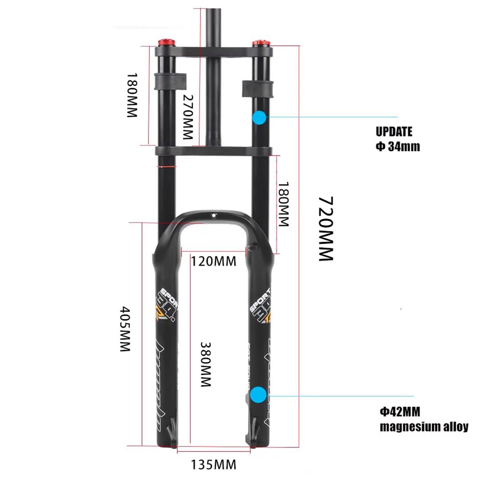Fourche Avant de vélo électrique 26 Pouces, pneus Larges 4.0, Suspension pneumatique, Double épaulement, Freins à Disque 1-1/8", Blocage Rapide, débattement 135 mm ou 150 mm, idéal