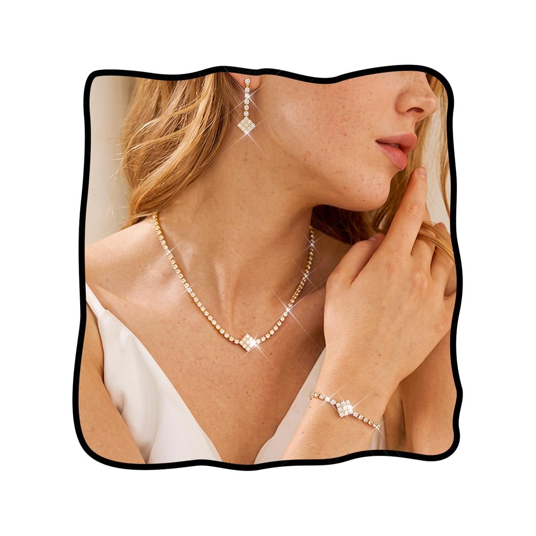 Unicra Silver Bridal Wedding Jewelry Set Sparkly Rhinestone Necklace Earrings Bracelet Sets Formal Costume Jewelry for Women and Brides A Gold-3 Pack Necklace Bracelet Earrings