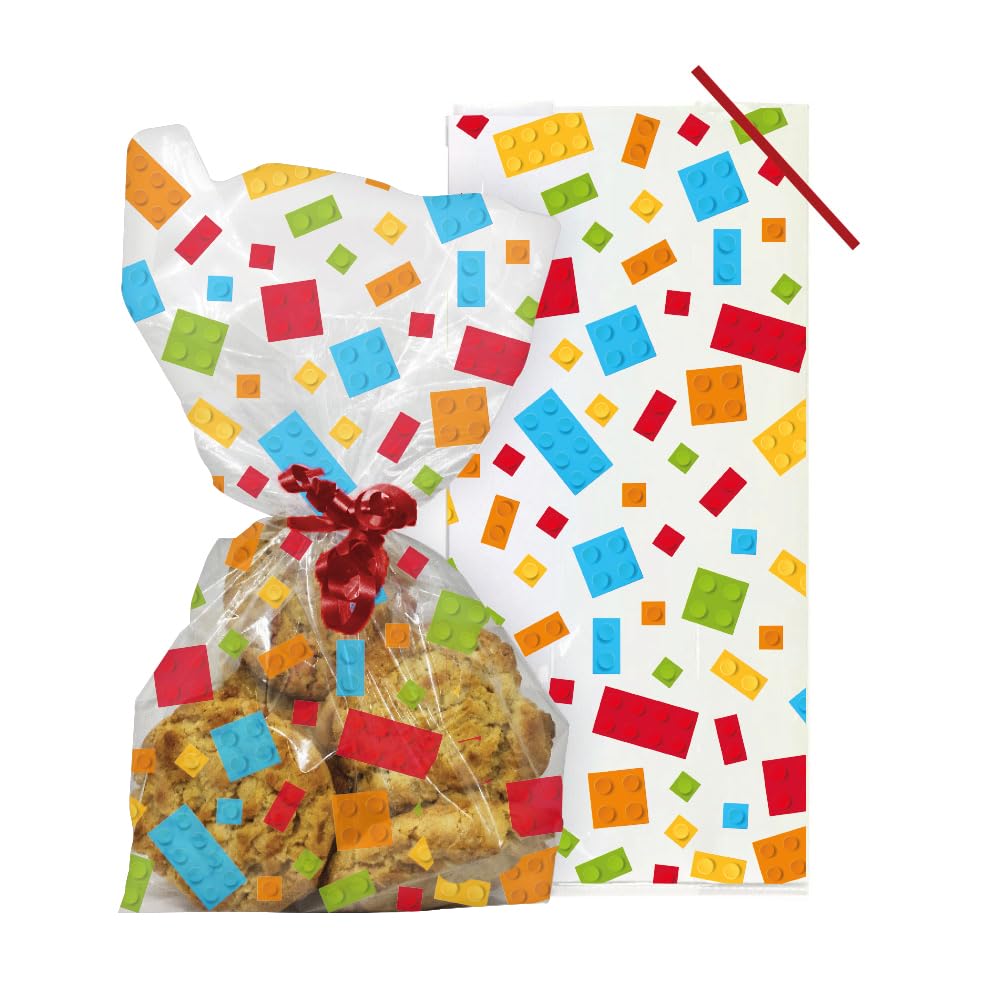 Anniversary House Pack of 40 Building Blocks/Bricks Party Bags, Birthday Loot Treat Favour Goody Gift Bag for favours and fillers, for boys/girls/kids, Sturdy Thick 12.5 x 28.5cm, Inc.Twist Ties