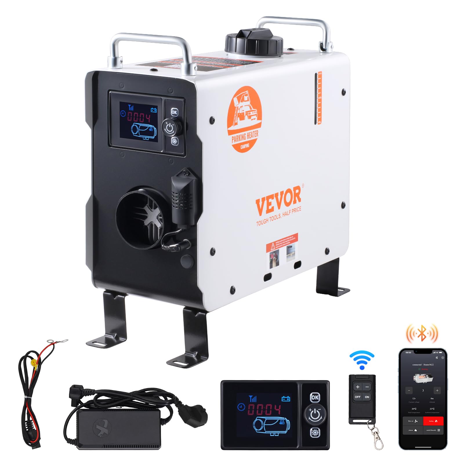 VEVOR Riscaldatore d'Aria Diesel 2 KW, 12V/​24V, con Controllo App Bluetooth, Telecomando Schermo di Visualizzazione, Allarme CO, Riscaldatore Diesel Portatile Riscaldamento per Veicoli e Spazi Aperti