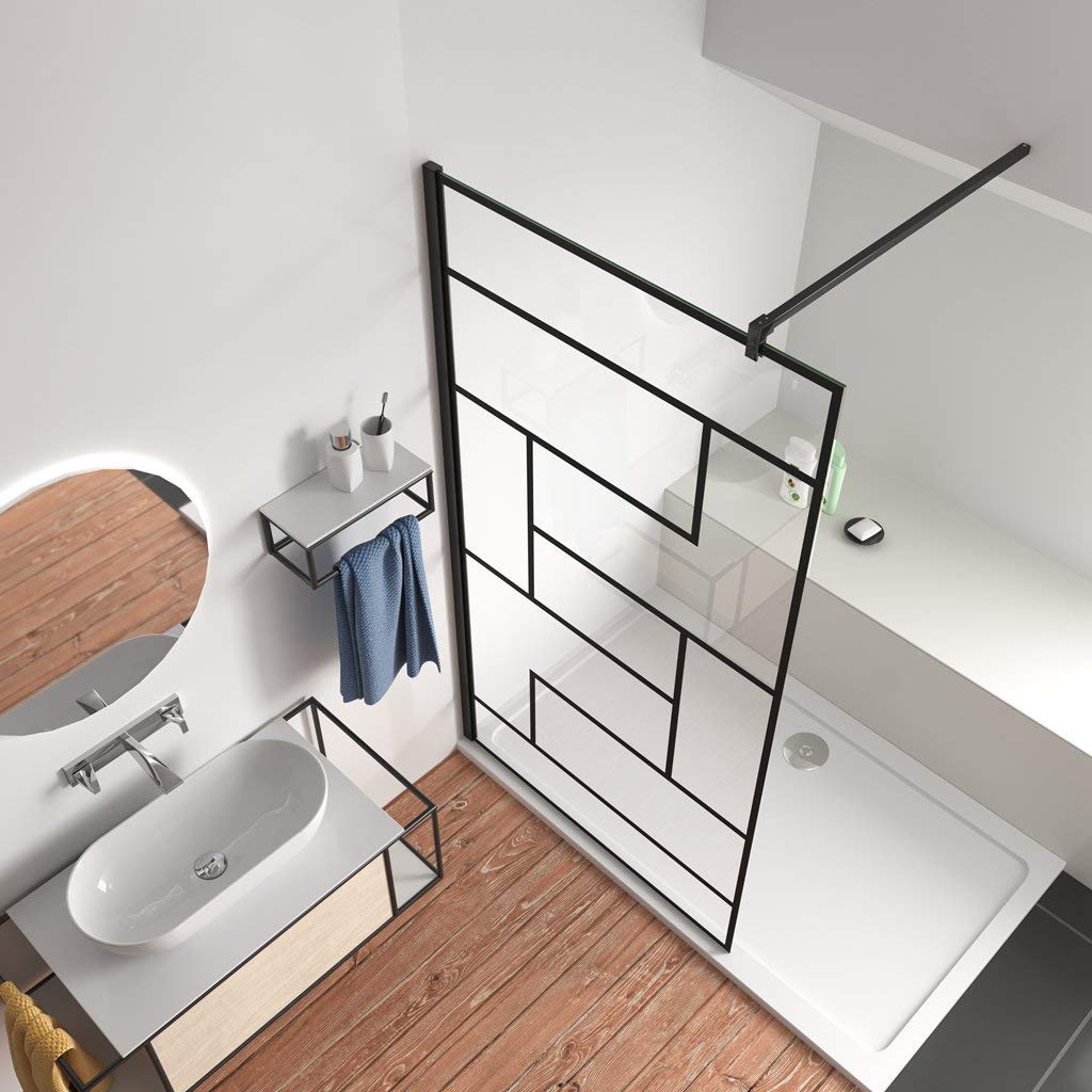 Walk In Doccia 100x200cm Vetro 8mm Serigrafato Nero Riquadri Barra 90cm | Anticalcare, Vetro Temperato, Opaco
