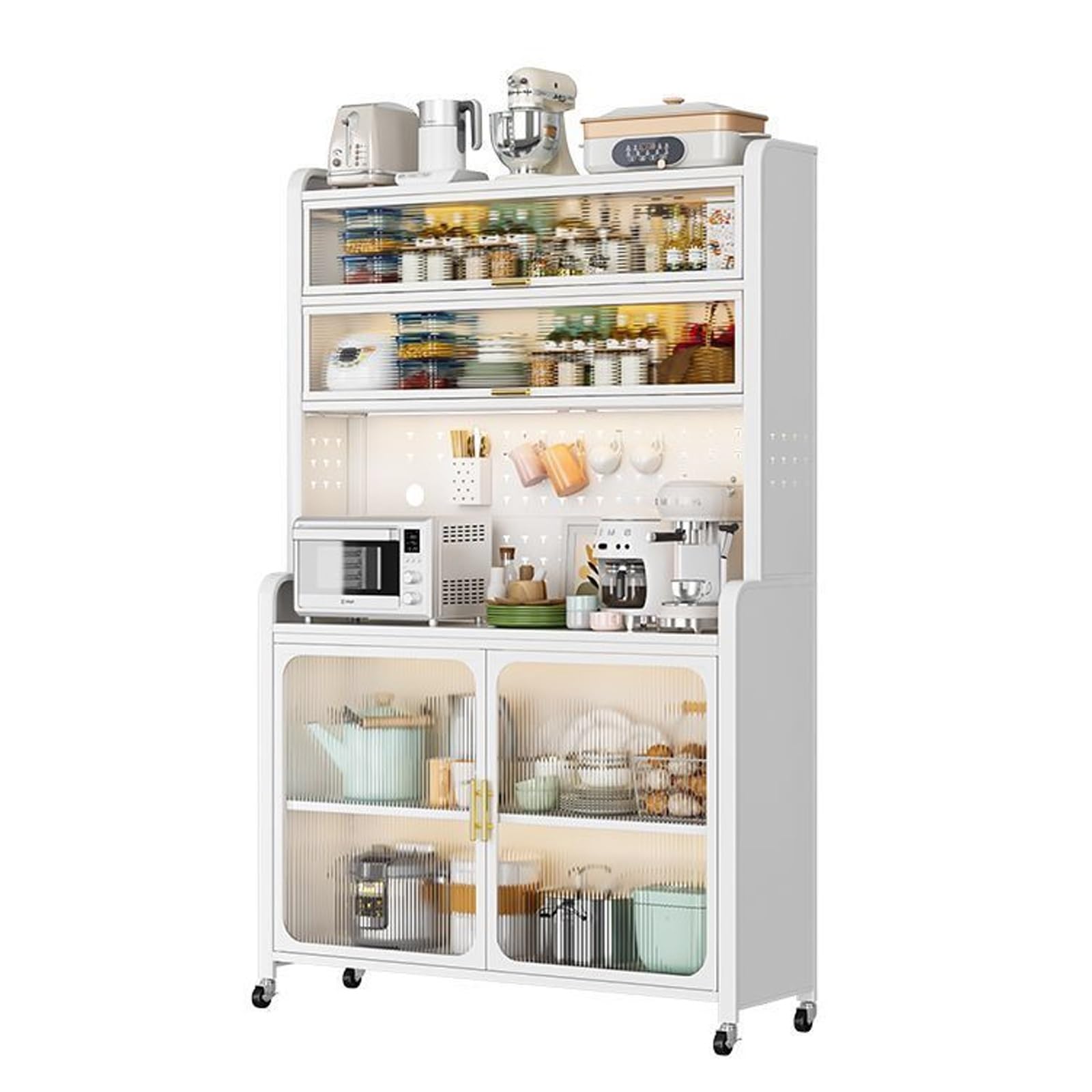 Hoher, weißer Küchenvorratsschrank – 75 Zoll großes Bäckerregal mit Tür, schnell montierbarer Mikrowellenständer, Buffet-Sideboard-Aufbewahrung, 39 Zoll breites Schrankregal für Kaffee und m