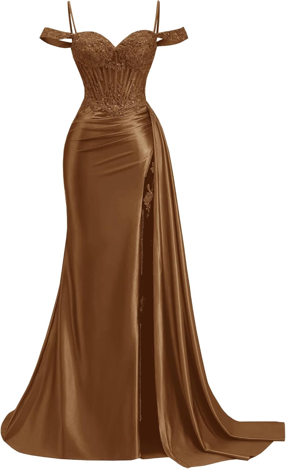 Fanciest Off Shoulder Satin Prom Dresses with Lace Appliques Pleated Formal Dress Slit Mermaid Evening Gown