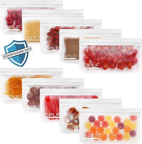 SPLF Paquete de 10 bolsas reutilizables aptas para lavavajillas, sin BPA, reutilizables, para almacenamiento de alimentos, congelador, a prueba de