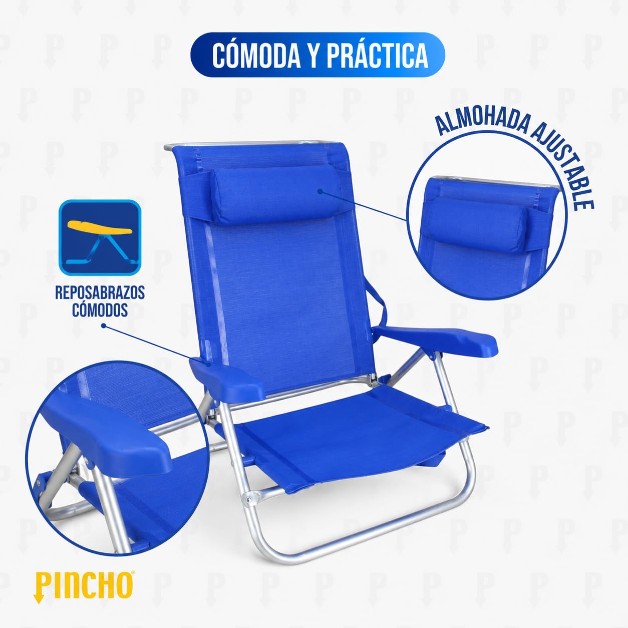 Pincho Silla Playa Plegable Ligera, Reclinable Azul con Cojin, Estructura Aluminio Resistente y Ligera, Asiento Bajo Comodo, Diseno Plegable con Reposabrazos – Ideal Verano y Jardin (2)