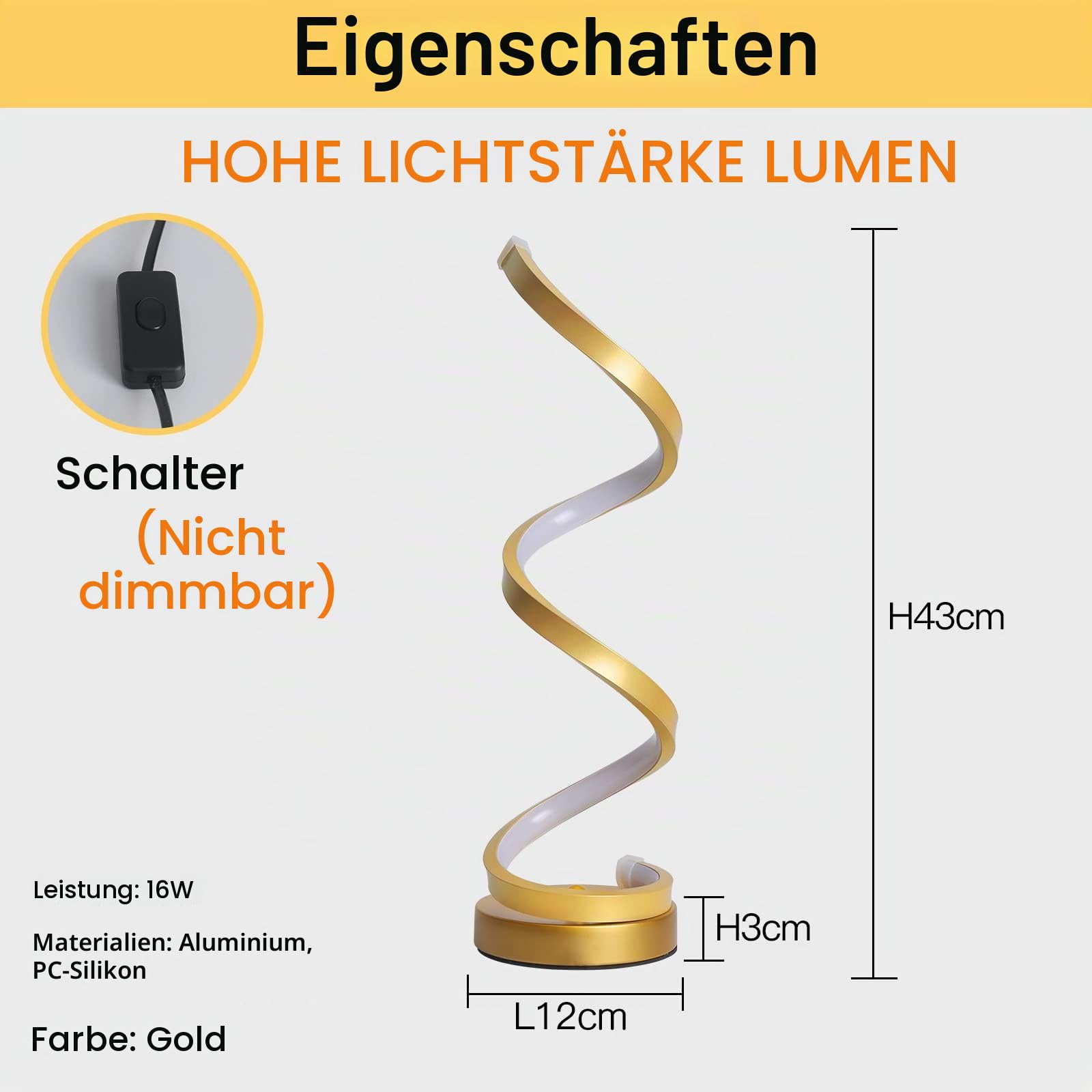 2er set Tischlampe Spiral LED Nachttischlampen Tischleuchten Modern Golden 16W 1440LM Dekorative Schreibtischlampe Gebogen Für Schlafzimmer Wohnzimmer Stecker EU 220V(4500K Weiß Natürliches)