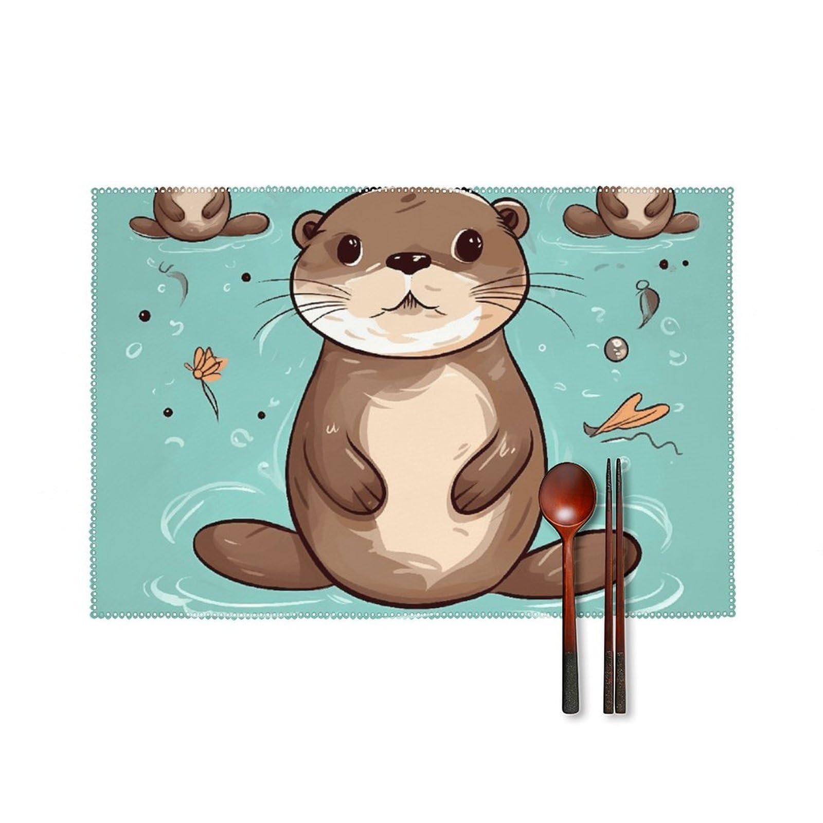 Cartoon Cute Otter Placemats Set of 6 Wipeable Table Mats for Kitchen Dining Table Heat Resistant Waterproof Modern Indoor/Outdoor Non-Slip Easy Clean Place Mats