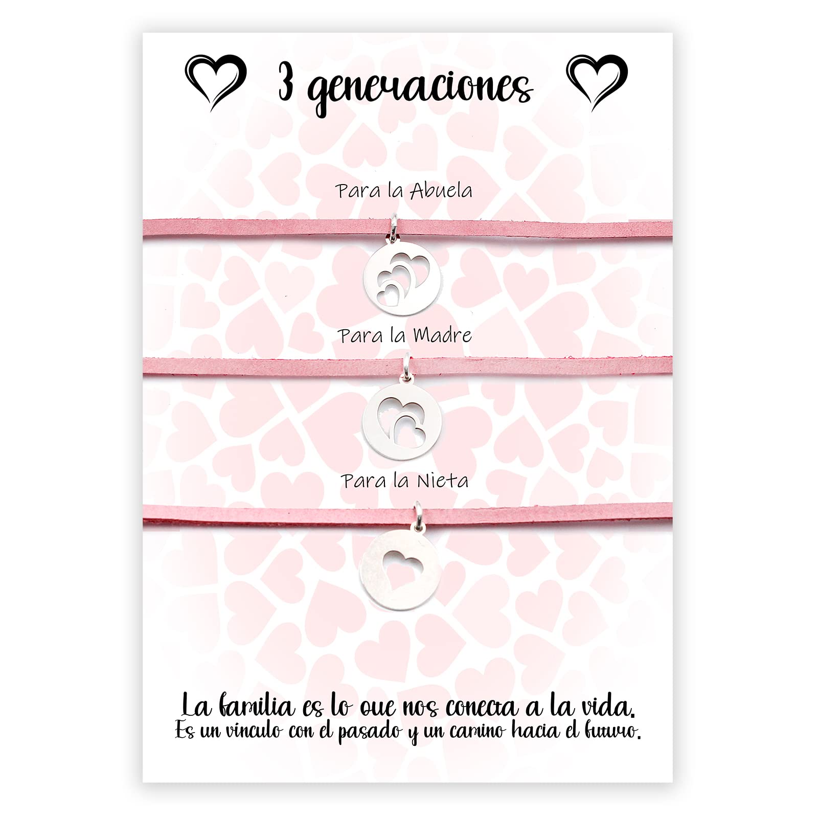 Pulseras de 3 Generaciones con Medalla Corazón Plata de Ley - Regalo Original para Abuela Madre Hija Nieta Mujeres Niñas - Juego de Pulseras Promesa Familia Amistad