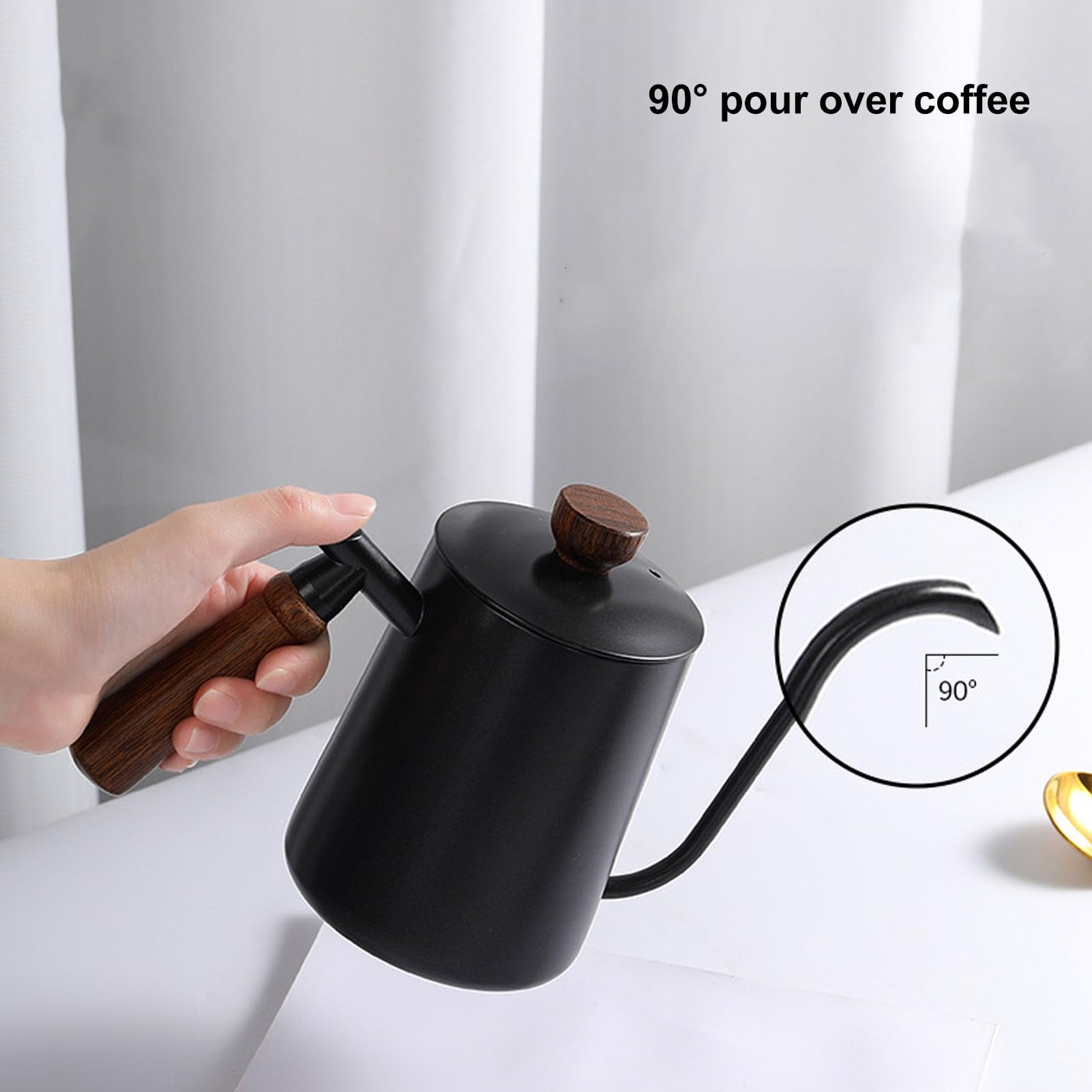 Kettle, 600ML Wood Handle Coffee Kettle Long Spout Stainless Steel Tea Kettle Pour Over Coffee Kettle for Office Hotel (Black)