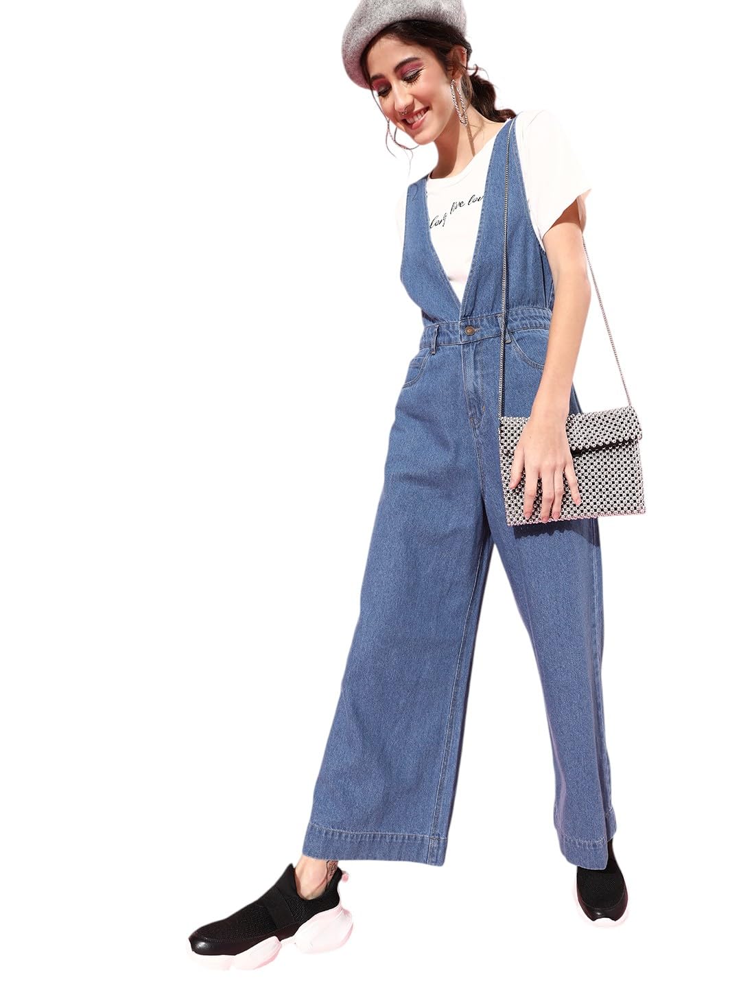 Blue Deep V-Neck Denim Flared Leg Jumpsuit