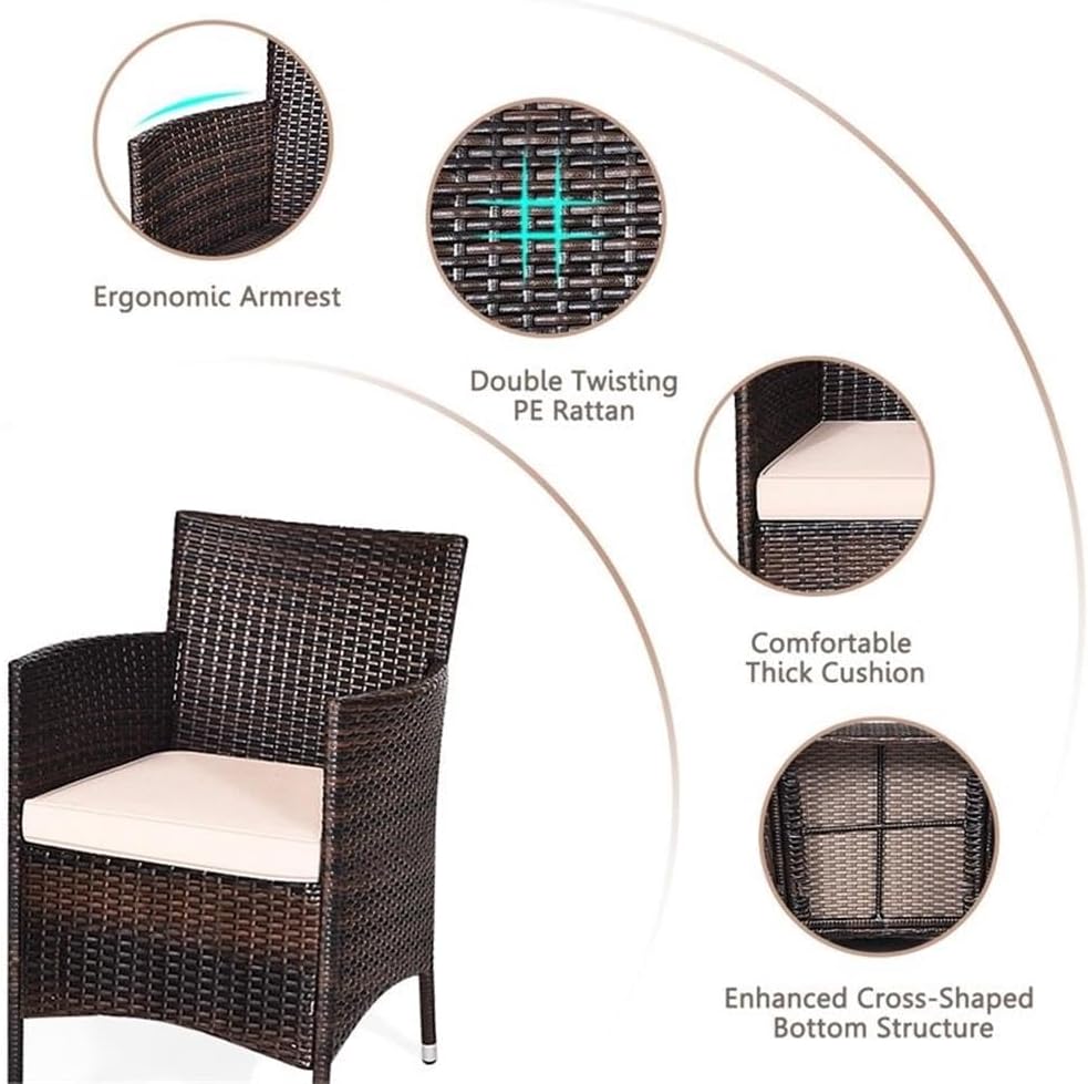 Pemberly Row 3-Piece PE Rattan Outdoor Wicker Furniture Set, Beige, Ergonomic Chairs with Cushions, Tempered Glass Coffee Table, Weather-Resistant Steel Frame, Compact Design for Patio, Garden,
