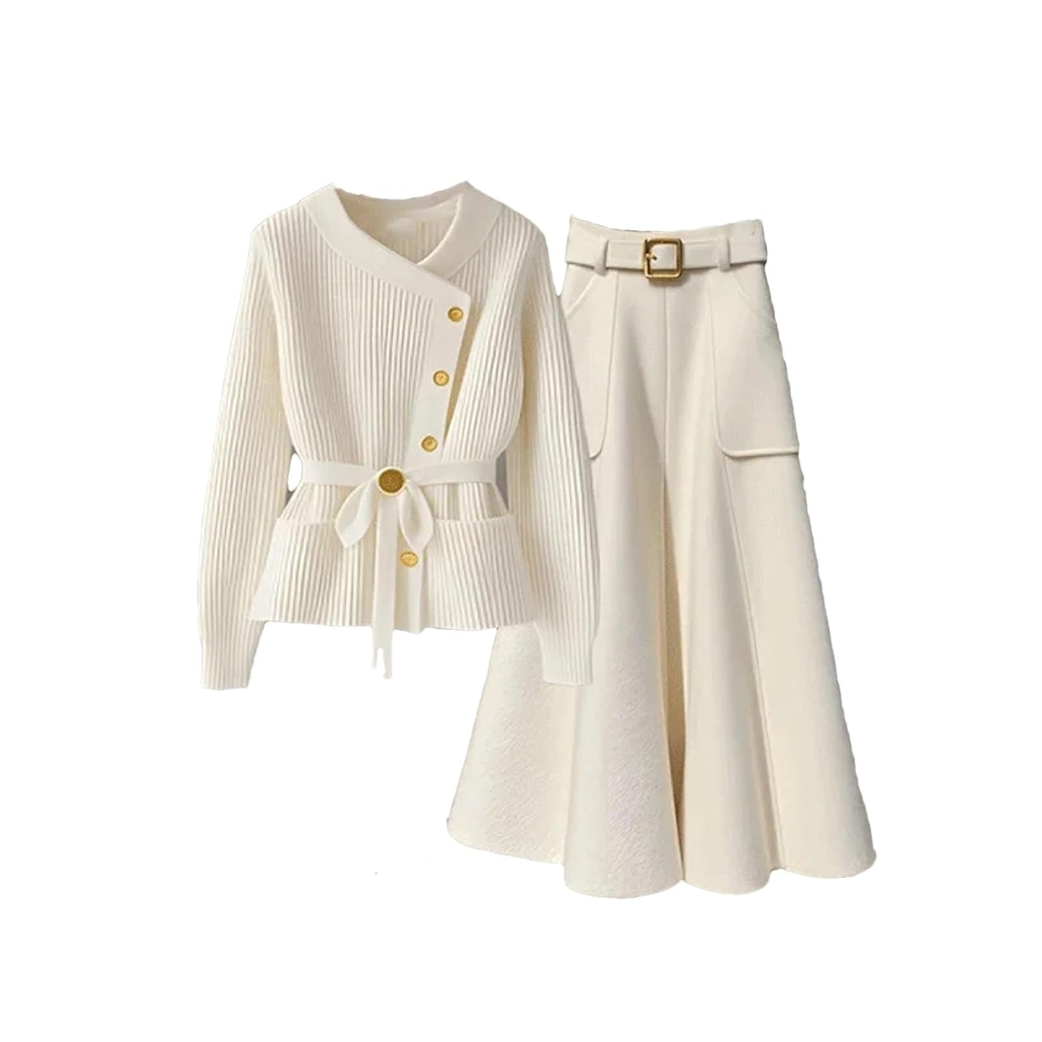 Women Spring Fall Two-Piece Set Long Sleeve Cardigan Sweater High Waist Casual A-Line Skirts