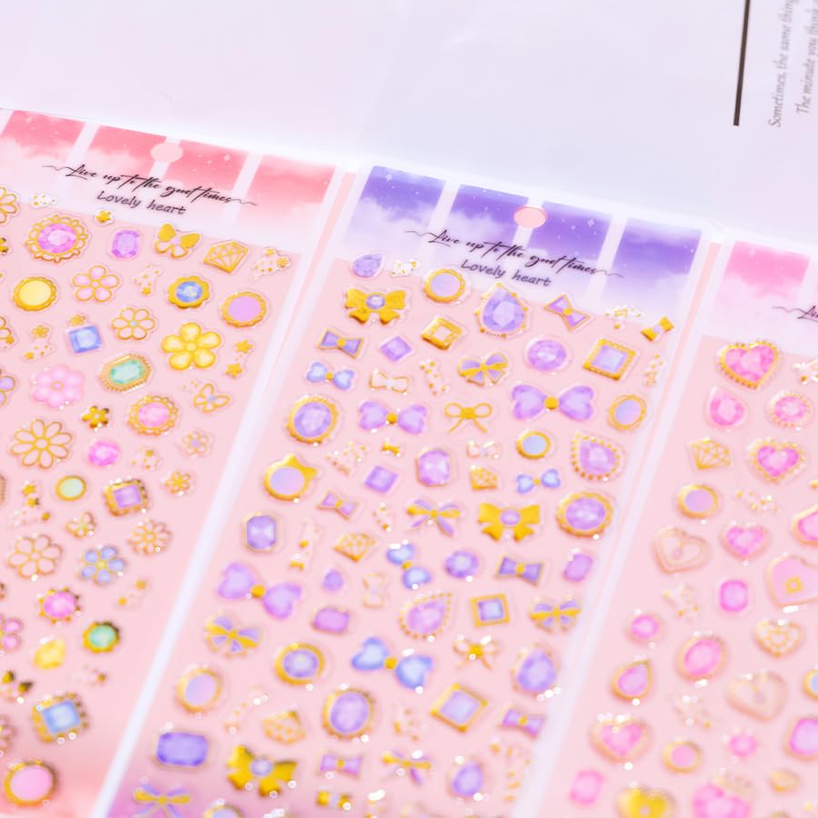 Image of Aesthetic Gem & Heart Stickers Set - Luxury Crystal Style Decorative Stickers for Journaling, Scrapbooking, Planner Decoration, Nail Art & DIY Crafts (Pastel & Gold Foil Designs)