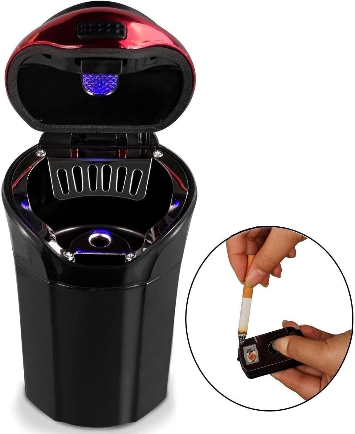 Car Ashtray with Lid Smell Proof, Portable Ashtray for Car, Mini Trash Can for Car, Detachable Smokeless Ashtray Cup Holder with Blue LED Light Indicator Smokeless for Most Car