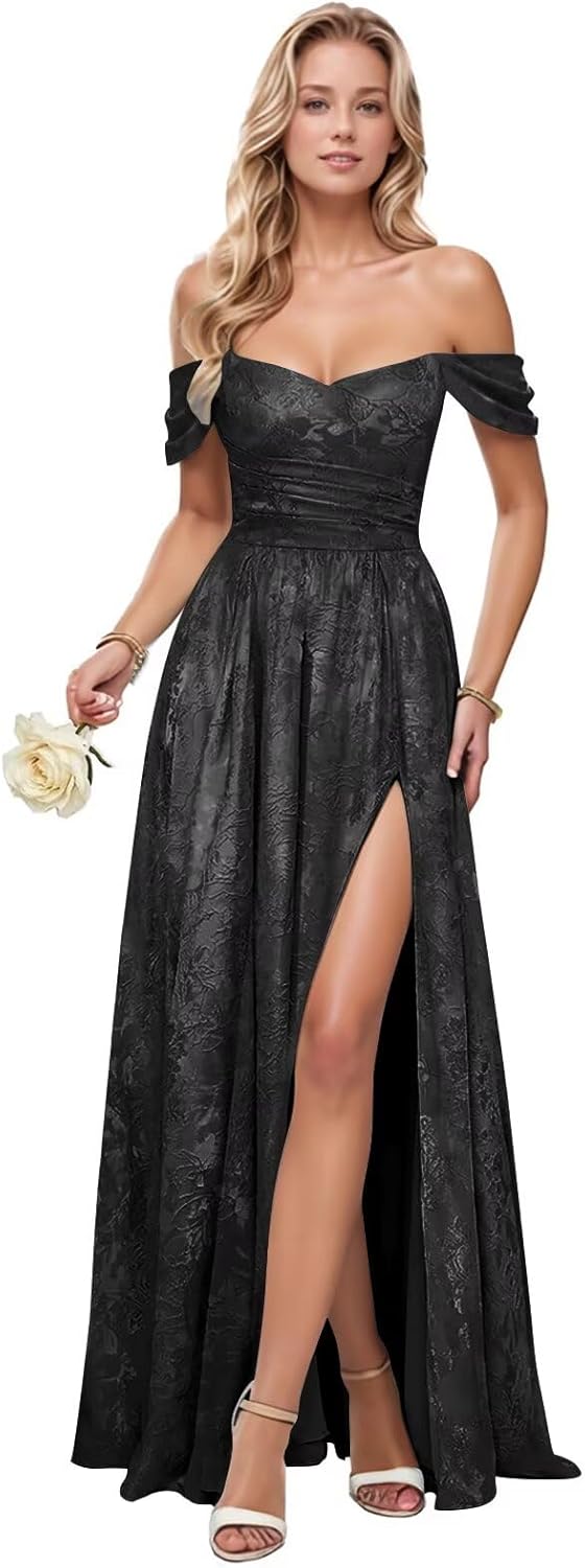 ALFEICE Jacquard Satin Prom Dresses for Wedding Guest Party Gowns Off The Shoulder Formal Evening Dress