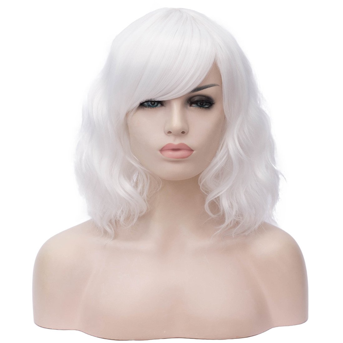 BUFASHION 14" Women Short Wavy Curly Wig White Bob Wig Cosplay Halloween Synthetic Wigs with Side Bang wig (White)