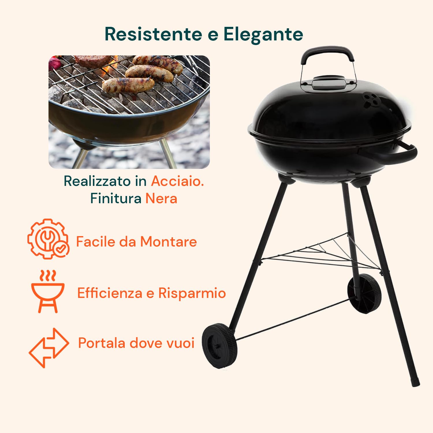 Avilia Barbecue a Carbonella in Acciaio 65x55.5x86.5 cm, BBQ con Coperchio Ermetico, Ruote e Maniglie Ignifughe, Griglia Circolare 43 cm e Vassoio Raccogli Cenere – Ideale per Grigliate all’Aperto