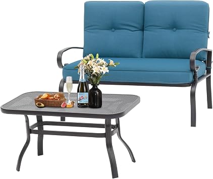 Oakcloud Outdoor 2 Pcs Patio Loveseat Bench Metal Frame Furniture Set with Thick Cushions and Coffee Table, Wrought Iron Look Peacock Blue