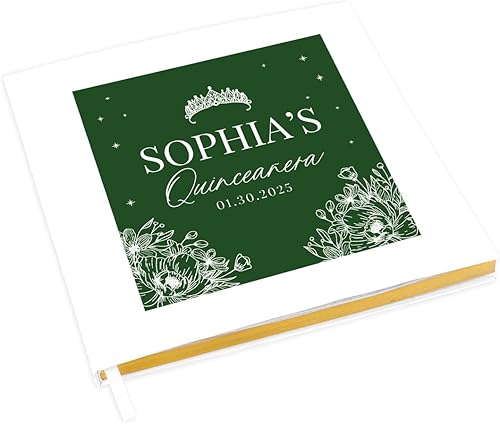 Miniatura 1 de Andaz Press Libro de invitados de quinceañera personalizado con detalles dorados, flores Crown Line, 120 páginas, 8.5 x 8.5 pulgadas, álbum de fotos