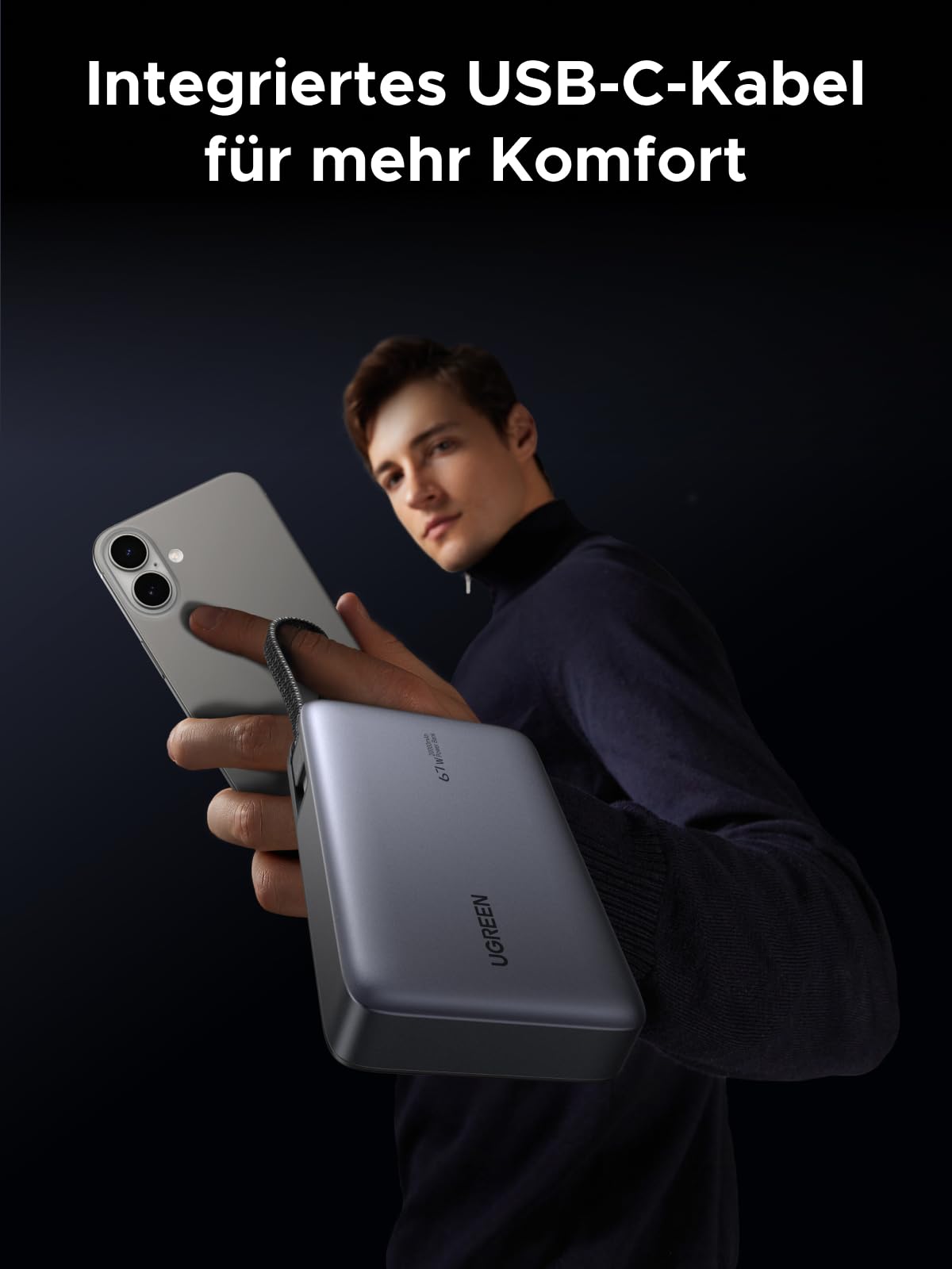 UGREEN Nexode Power Bank 20000mAh 67W mit integriertem USB-C Kabel | HyperCharge für Xiaomi, 65W PD Schnellladung Kompatibel mit Macbook, iPad, iPhone, für Reisen/Büro