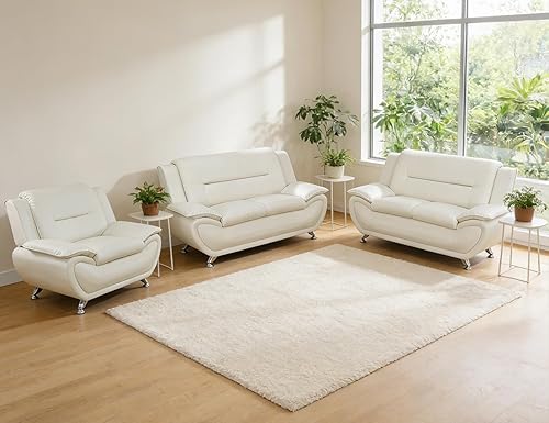 Miniatura 34 de Sofás Seccionales de Cuero, Conjuntos de Muebles de Sala de Estar, 3 Piezas Conjunto de Sofá Moderno para Sala de Crema