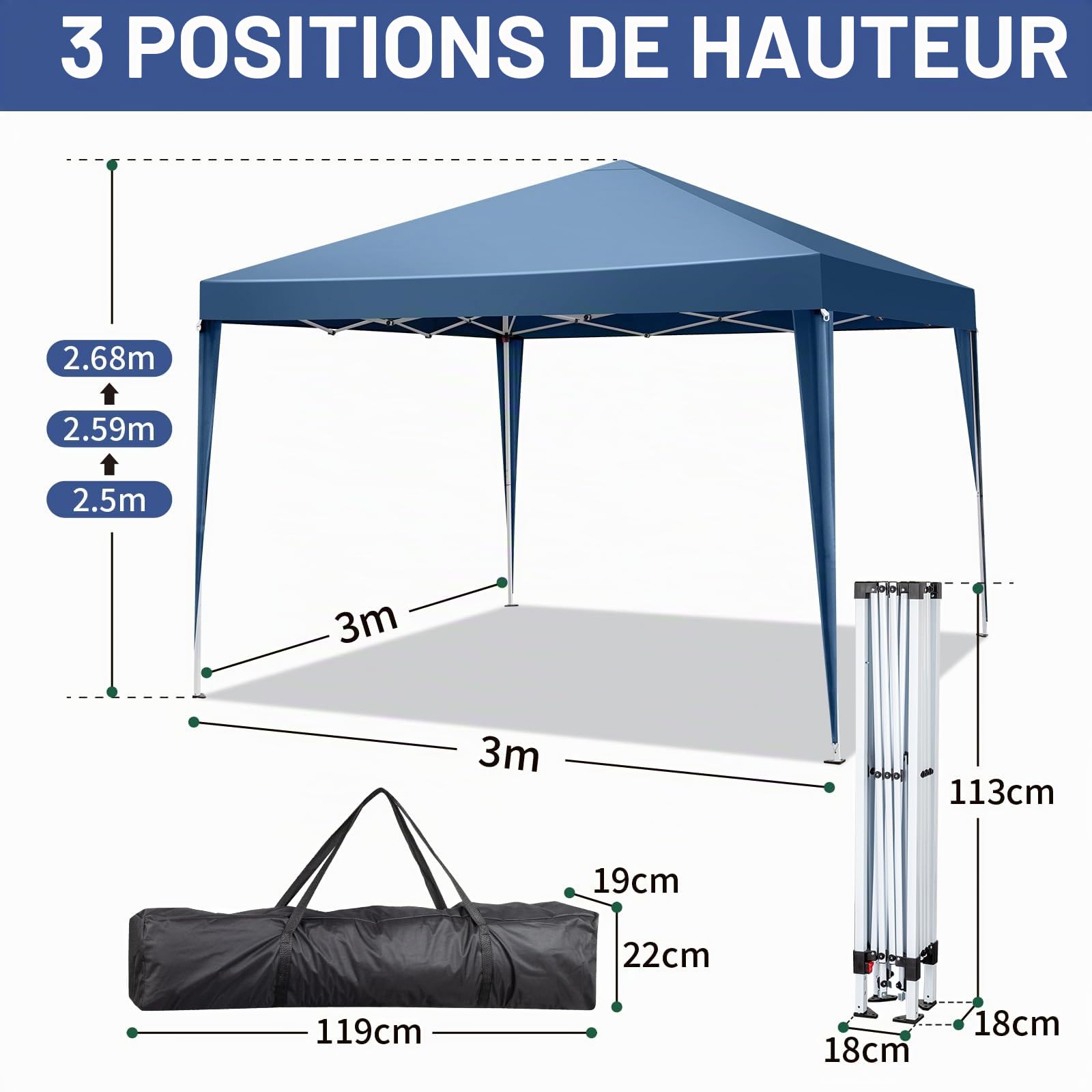 Tonnelle Pliante 3x3 m, Imperméable & Résistante,UV 50+ – Tissu Oxford 420D,Réglable en Hauteur,pour Jardin, Camping & Événements，Bleu