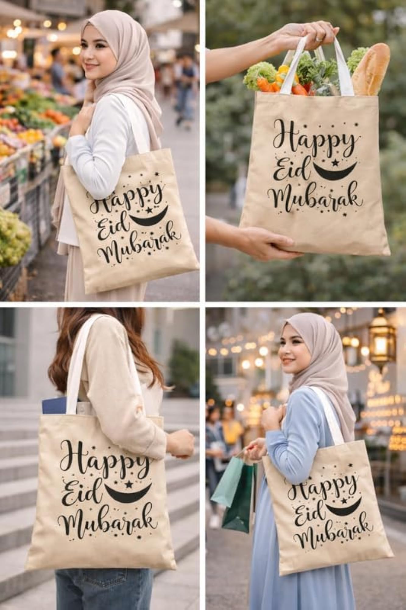 Happy Eid Mubarak Tote Bag, Reusable Cotton