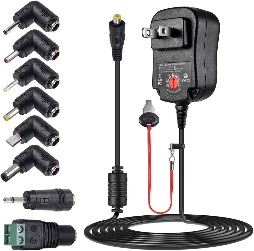 SoulBay 12W Universal AC Adapter 3V 4.5V 5V 6V 7.5V 9V 12V Switching DC Power Supply Charger Cord with 8 Tips for 3-12V Household Electronics - 1A Max