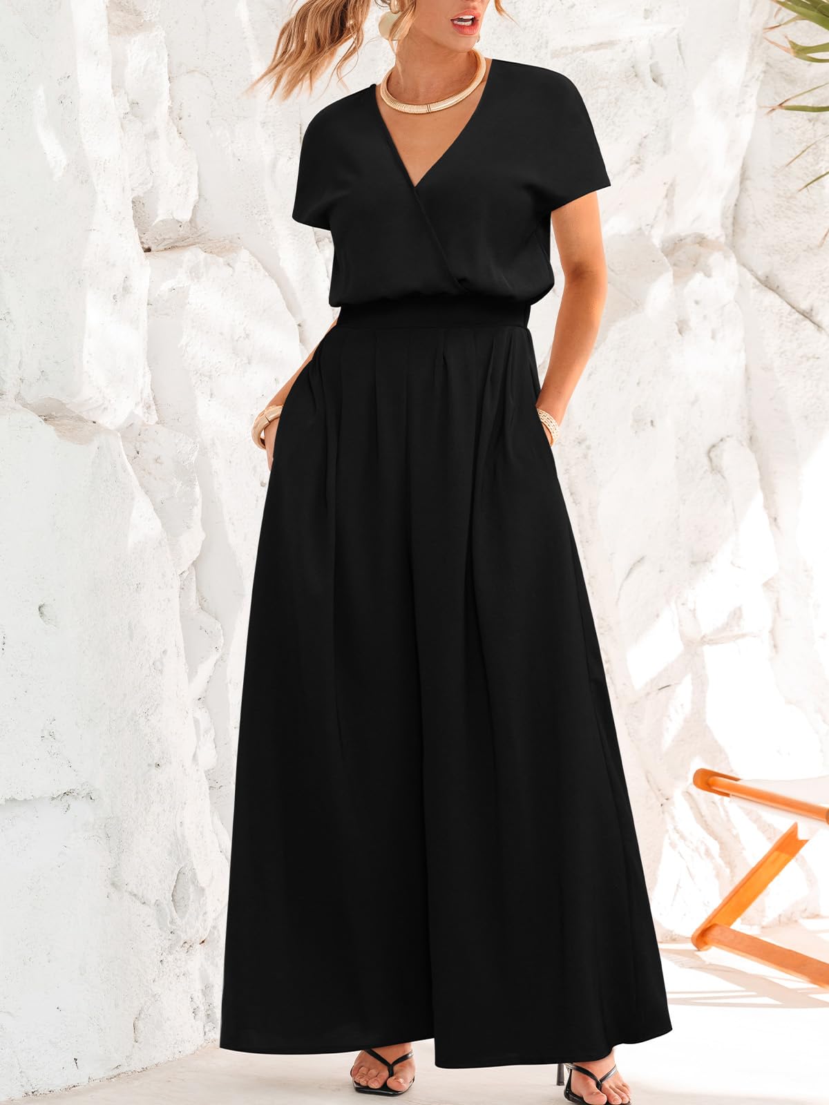 CUPSHE Damen Jumpsuit V-Ausschnitt Kurzarm Overall Weites Bein Elastischer Bund Sommer Elegant Playsuit mit Taschen