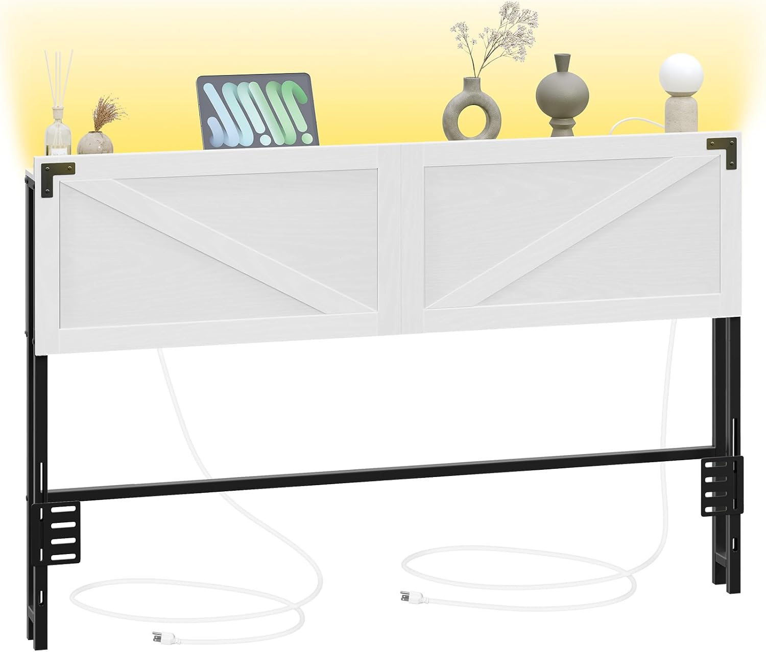 Queen Size Headboard Only, Headboard with 2 Outlets and 2 USB Ports, Farmhouse Headboard, with LED Lights, Secure Storage with Raised Fence, with Bed Frame Adapter, White and Black