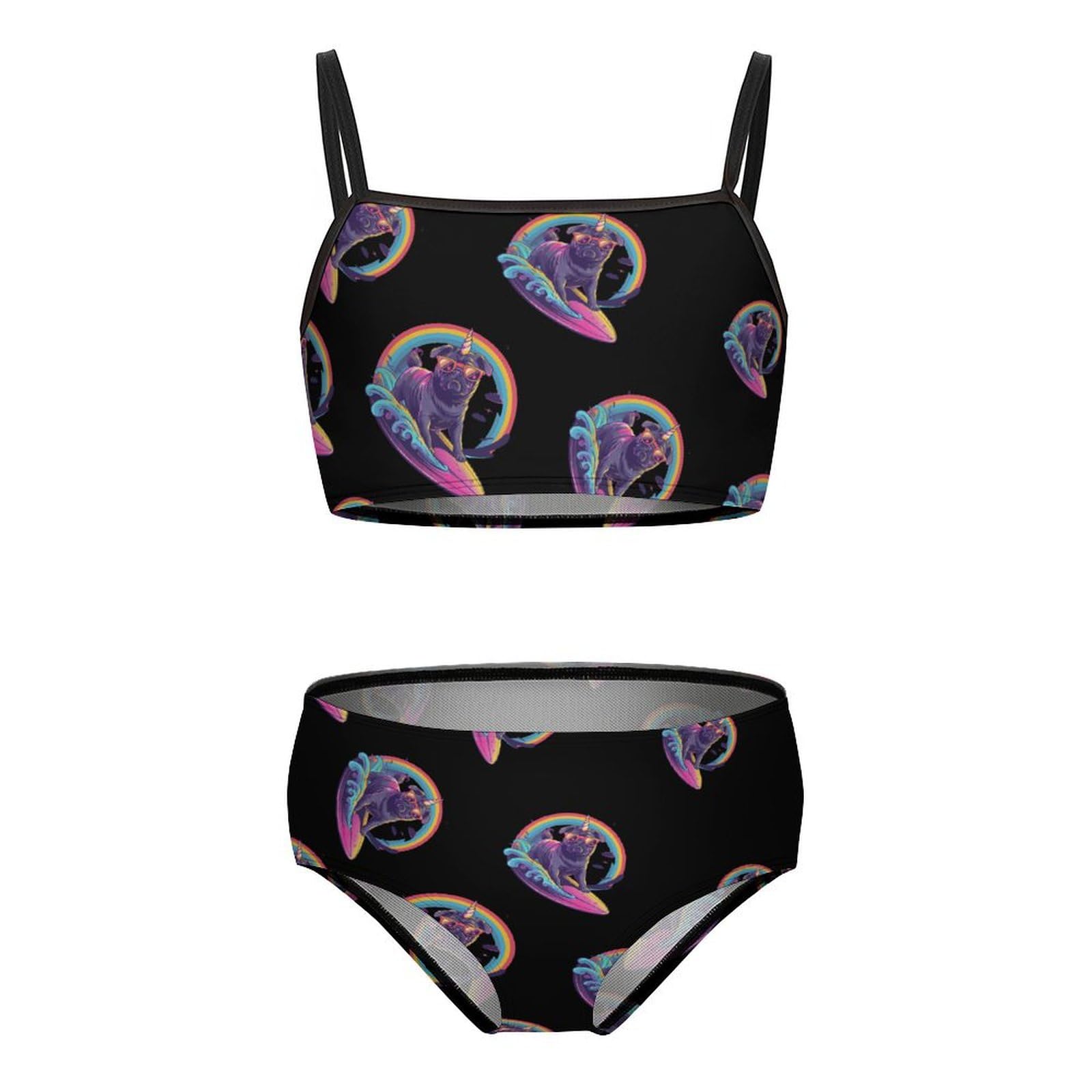 Funny Unicorn Pug Surfing Girls Swimsuits Two Piece Bikini Sets Beach Sport Swimwear Bathing Suit 6-7Y?110cm?