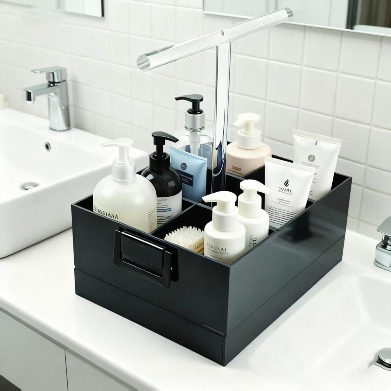 Black Shower Caddy stotage box portable shower caddy 6-grid acrylic classification storage with tray Suitable for bath Dorm