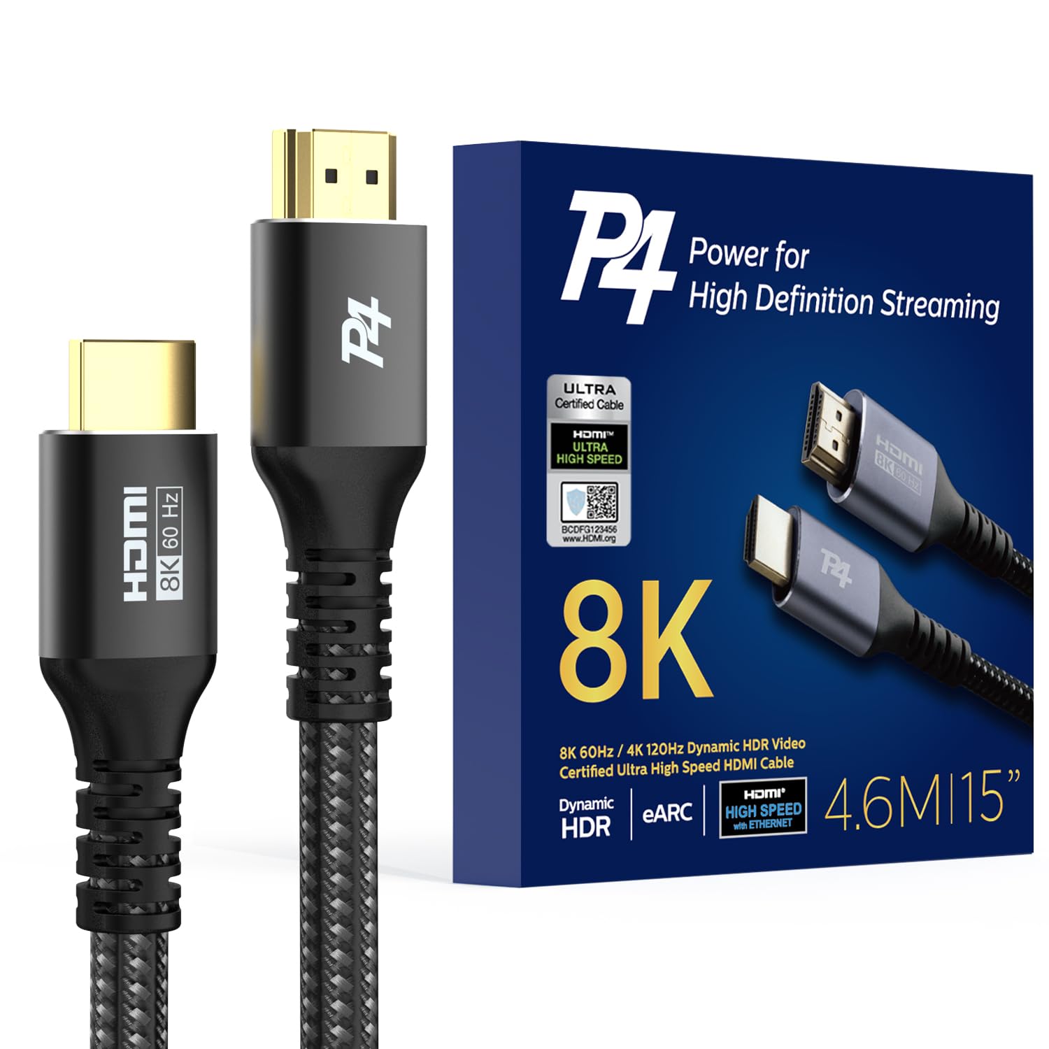 P4 Immergiti nella brillantezza 8K! Cavo HDMI certificato 2.1 da 15 m - Ultra High Speed, intrecciato, 8K@60Hz, 4K@120Hz, eARC, HDR10+, Atmos - Perfetto per Apple TV, Roku, Netflix, PS5 e altro!..