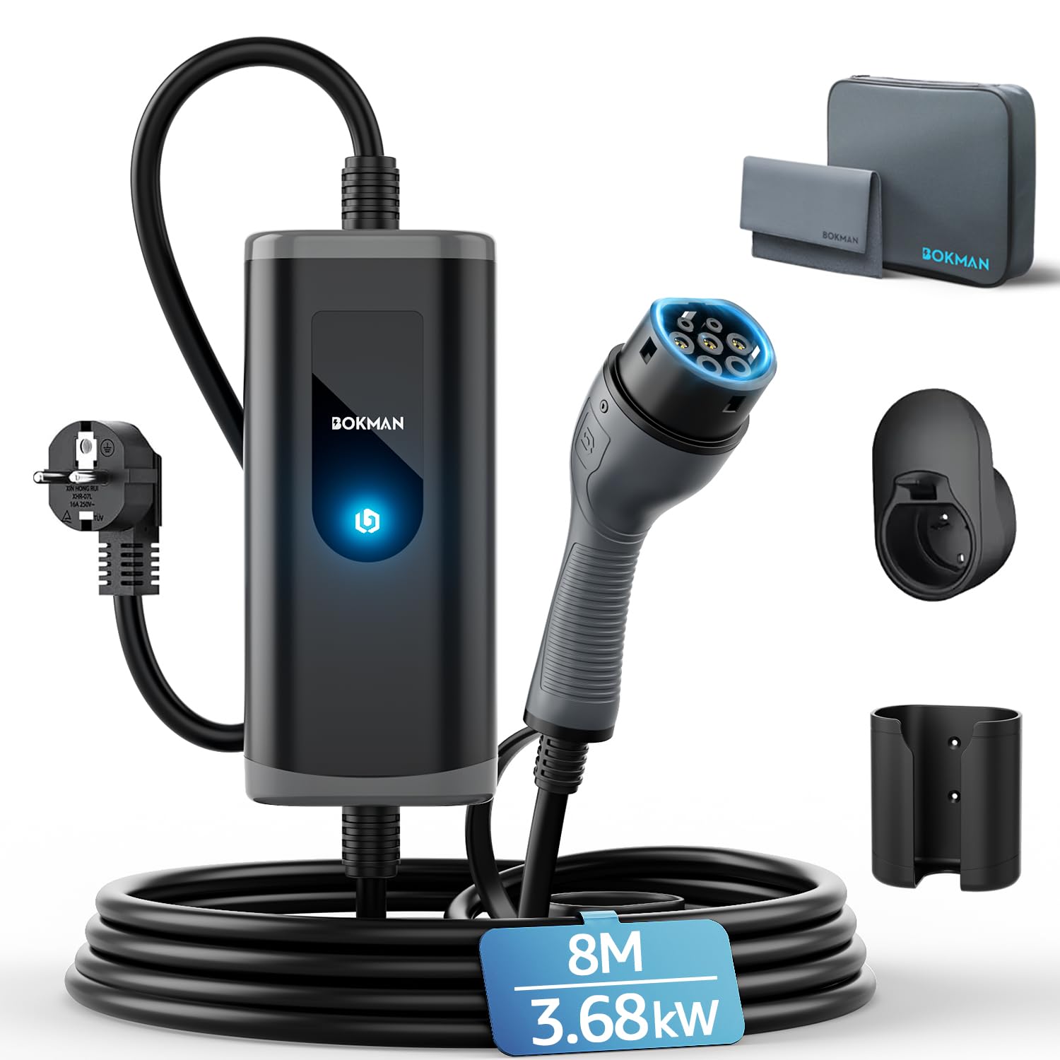 bokman Colonnina Ricarica Auto Elettrica, 8 Metri,16A, 3,68kW Wall Box Tipo 2 Caricabatterie EV con Spina Schuko Compatibile con Model Y/3, 500e, e-208 e Altri EV/PHEV