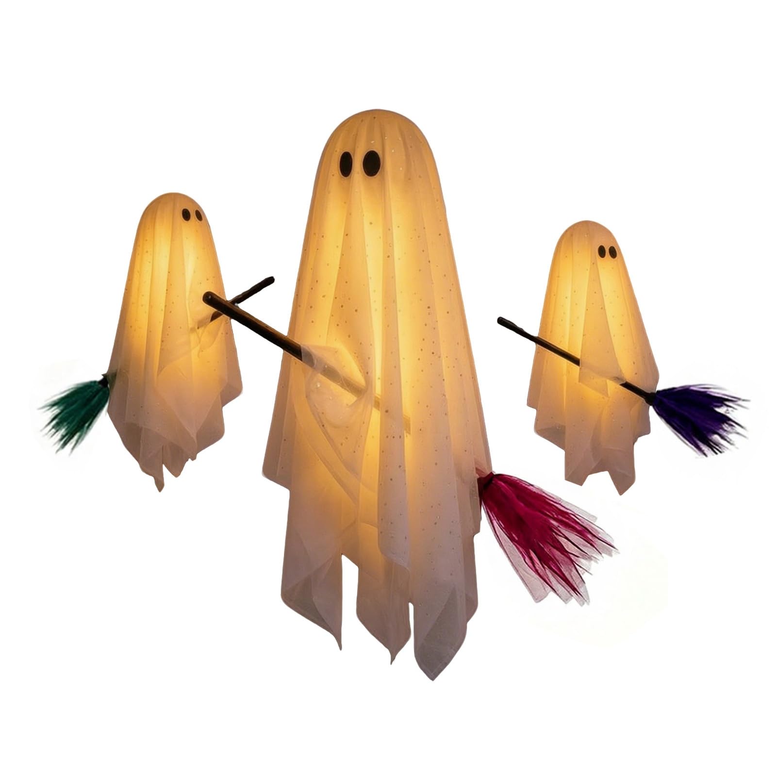 sugerou Halloween Decorations Outdoor, 3 Pcs Halloween Ghost Decorations, Spooky Hanging Ghost with Broom, Large Flying White Ghosts for Tree Porch Yard Patio Decor A
