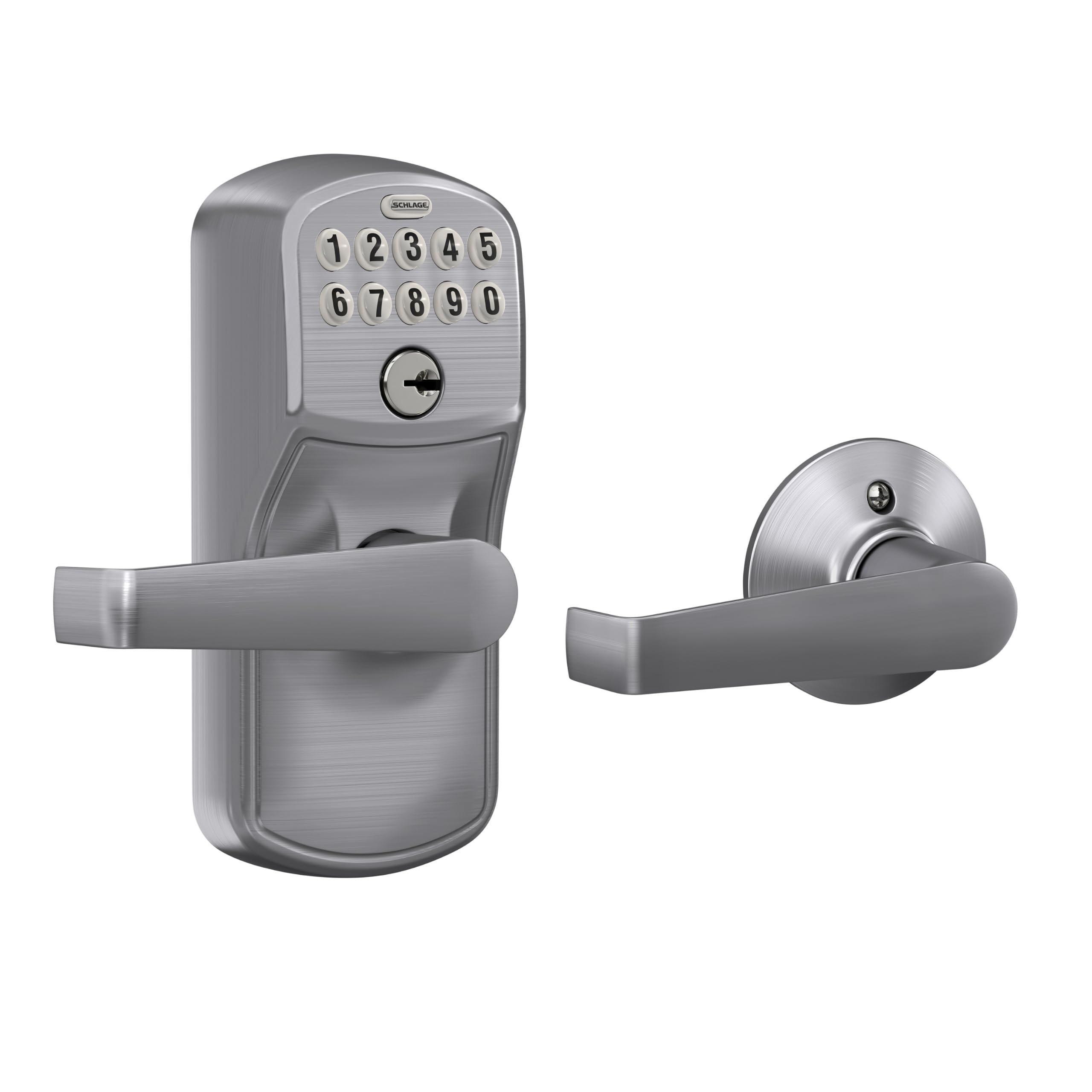 Keypad door lock with handle, Keyless entry, Push button keypad, Auto-lock enabled, Certified security, Easy install, FE575 Schlage Electronic Keypad Lock, Lever Handle, Camelot Trim, Satin Chrome