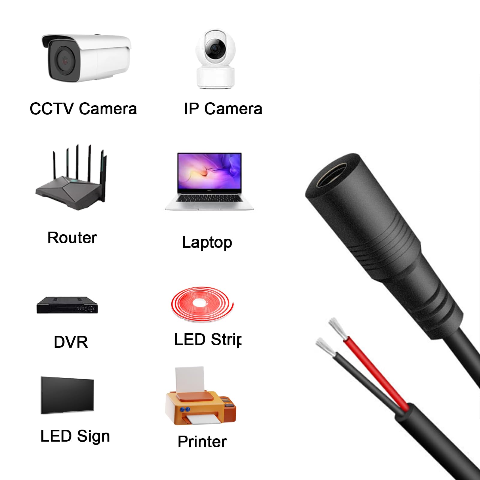 Lot de 3 câbles d'alimentation femelle 18 AWG 2,5 mm x 5,5 mm CC 1 m 7 A DC 5525 extrémité ouverte pour caméra de sécurité CCTV