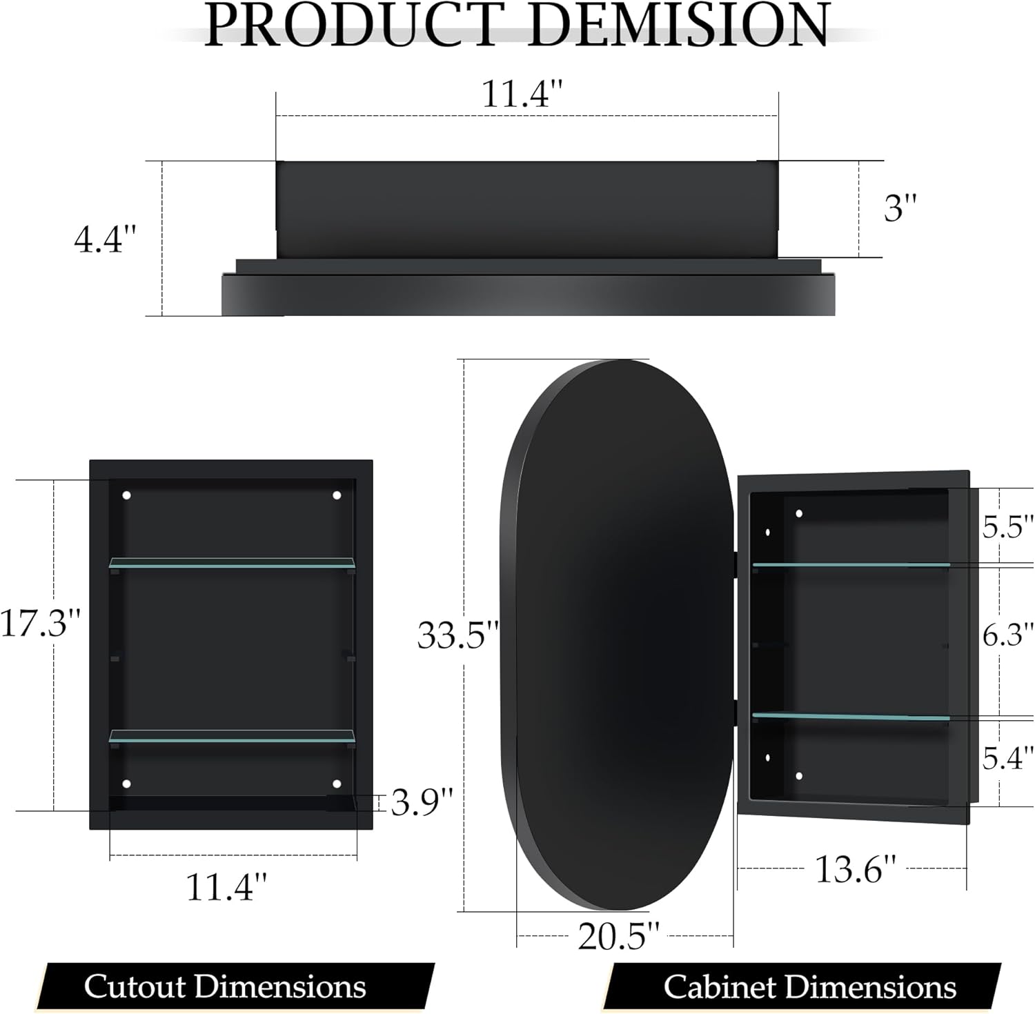 SDHYL Oval Medicion Mirror Cabinets, 34"x20" Recessed Wall Mounted Mirror Cabinets, Modern Elegant Decoration Mirror with Adjustable Storage for Bathroom Living Room Vanity, Black Black 34x20 inch