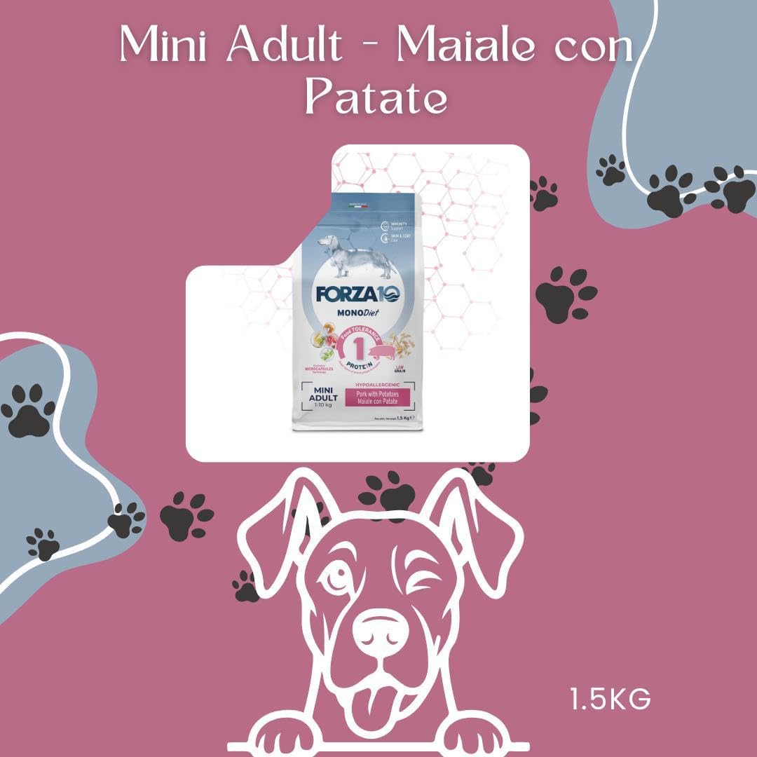Forza 10 Perro pequeño/Mini Adult Mono sabor cerdo alimento completo monoproteico para perros adultos de talla pequeña, hipoalergénico, sensible digestión, paquete de 1,5 kg.