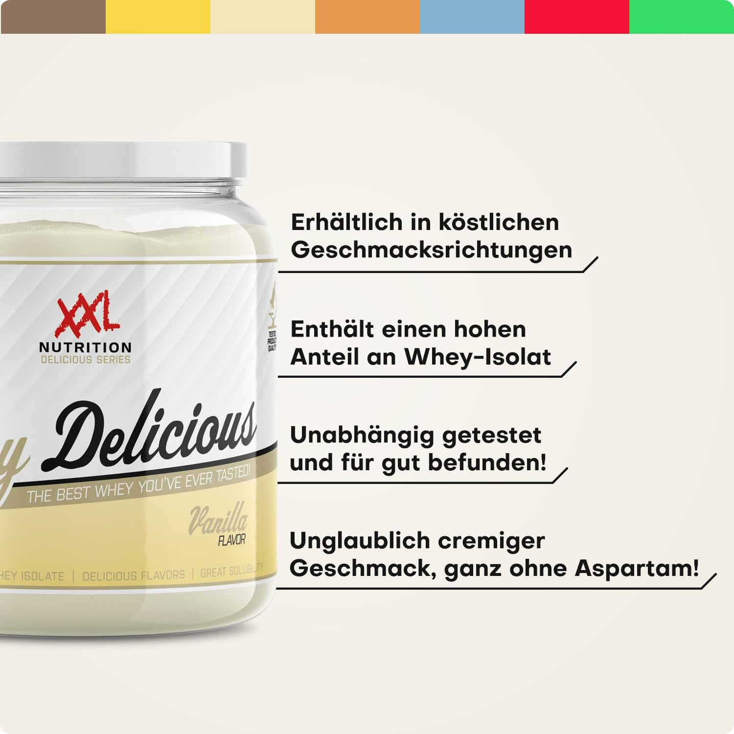 XXL Nutrition - Whey Delicious Protein Pulver - Leckerste Shake - Eiweiss Pulver, Whey Protein Isolat & Konzentrat - Hohe Qualität - 78,5% Proteingehalt - Schokolade - 450 Gramm