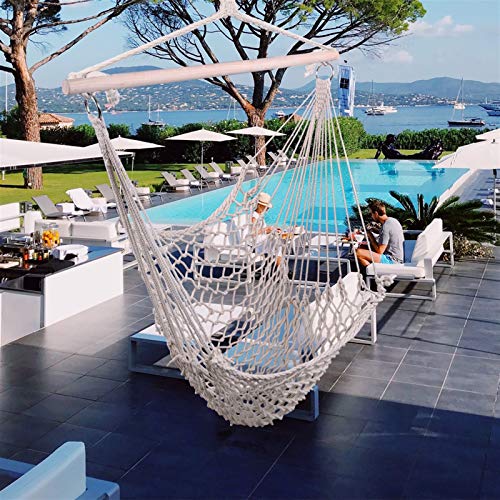 Hanging Hammock Chair Outdoor Swing Seat With Cotton Rope And Wood Bar Beige Macrame Large Air/Sky Chair Swing Porch 250 Lbs Capacity For Home Indoor Outdoor Garden Yard Bedroom #TOP3
