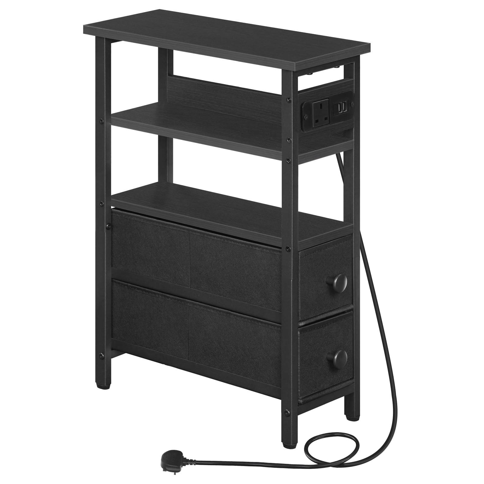 HOOBRO Side Table with Charging Station, Narrow Side Table with 2 Non-Woven Drawers, USB Ports and Power Outlet, 40 x 18 x 60 cm Slim Bedside Table for Small Space, Black EBB132KBZ01