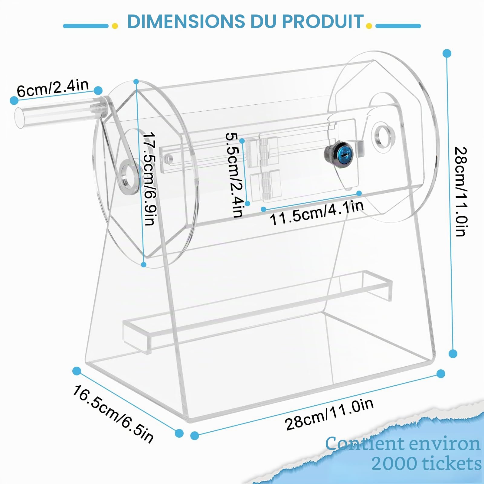 YUCHENGTECH Tambour de Tombola en Acrylique avec Poignée | Capacité 2 000 Billets Tambour de Billet de Tombola Transparent avec 2 clés pour Les Boules de Tombola de Loterie Bingo