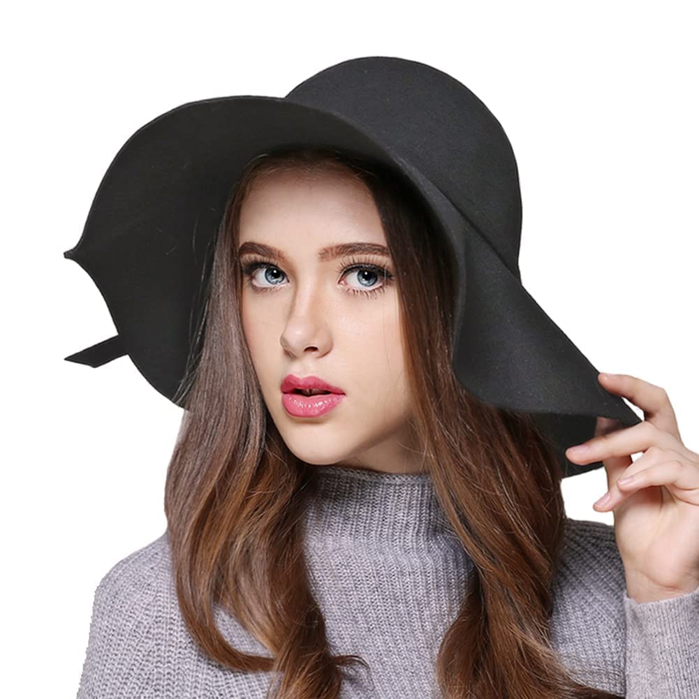 Femmes Fedora Trilby Chapeau Large Bord Floppy Chapeau Feutre Melon Chapeau Vintage Cloche Chapeau Panama Soleil Chapeau Laine Derby Chapeau Hiver Chaud Jazz Cap avec Ceinture pour Dame