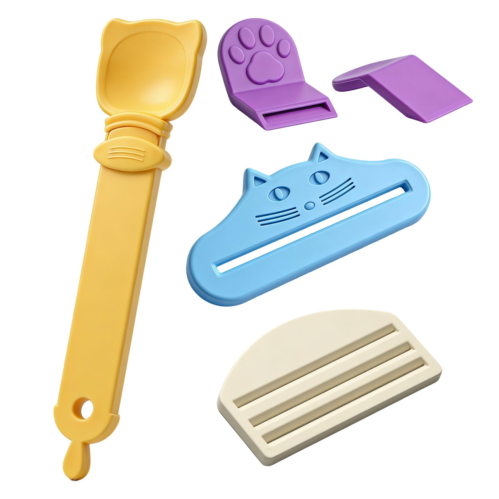 Cat Food Pouch Squeezer, Four Piece Set in Cream, Purple, Orange and Blue, Portable Cat Food Dispenser for Travel and Precise Feeding Control, Versatile Pet Feeding Tool for Multi-Pet Households.