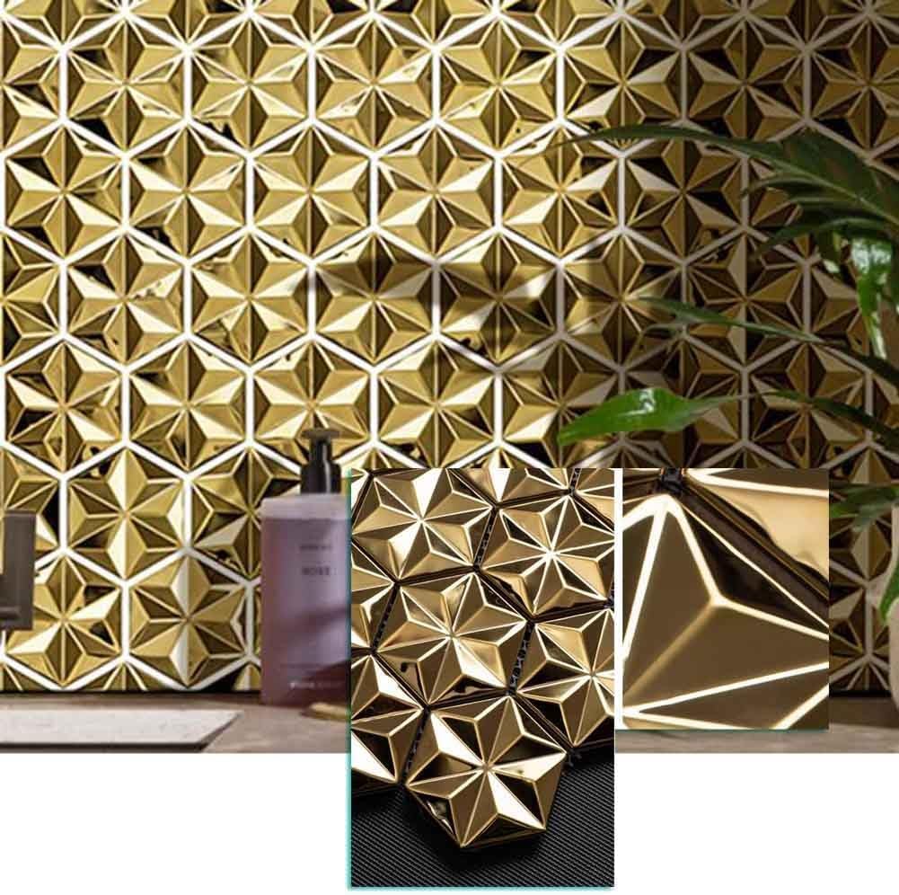 Azulejos de mosaico de metal hexagonal en acero inoxidable dorado premium para paredes de salones