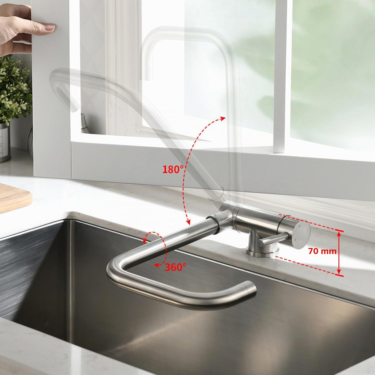 CECIPA Mitigeur Cuisine Rabattable avec 2 Jets, Robinet Cuisine Rabattable 180° Sous Fenêtre, Mitigeur Evier Cuisine Pliable avec Orientable 360°, Robinet Evier Cuisine Pliable en Acier Inox 304