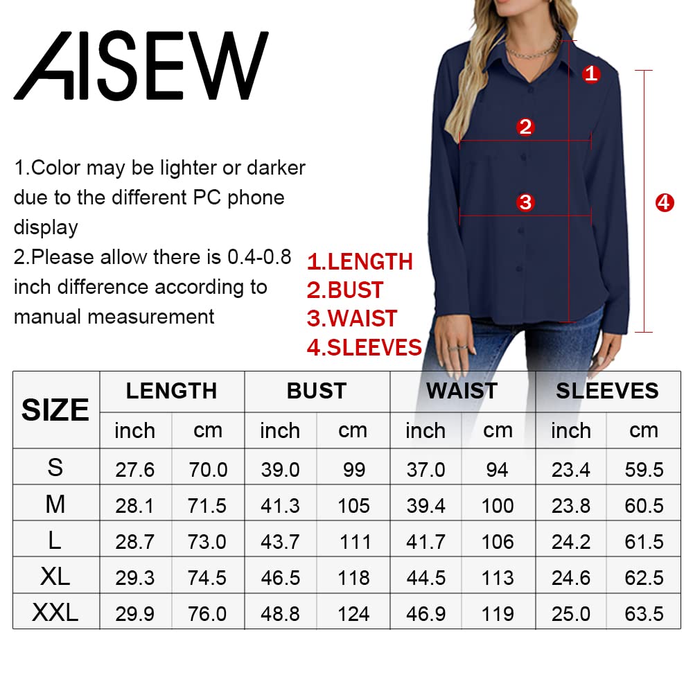 AISEW Camisas casuales con botones para mujer, cuello en V, gasa, manga larga, cuello en V, blusas de trabajo de oficina, con bolsillo